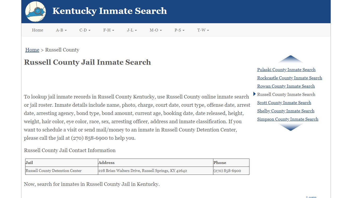 Russell County KY Jail Inmate Search